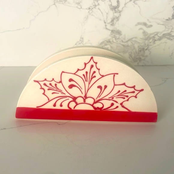 Hand painted ceramic napkin holder, white with red accents - Picture 1 of 5